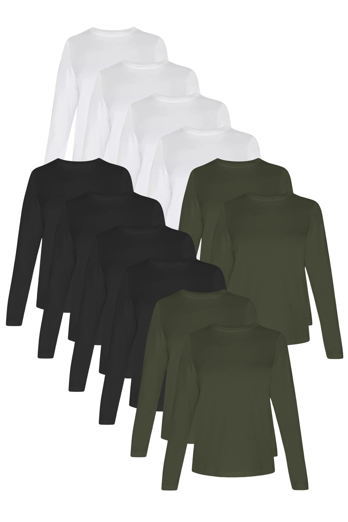 12-Pack Women's Long Sleeve White-Black-Olive | Organic Cotton, Sustainable & Super Soft